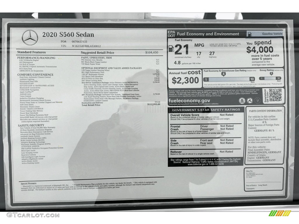 2020 Mercedes-Benz S 560 Sedan Window Sticker Photo #137549508