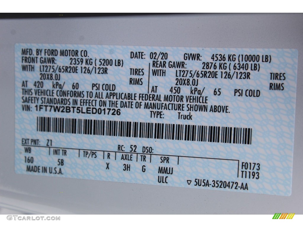 2020 F250 Super Duty Color Code Z1 for Oxford White Photo #137554011