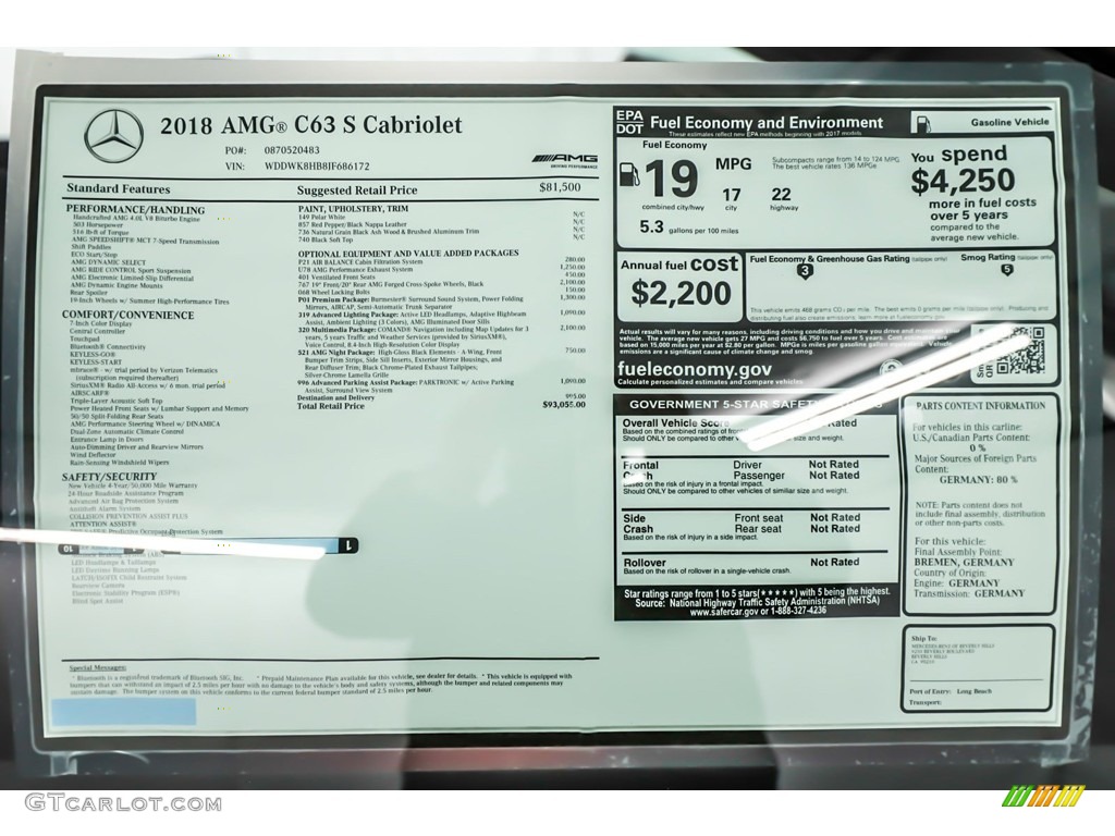 2018 Mercedes-Benz C 63 S AMG Cabriolet Window Sticker Photo #137563018