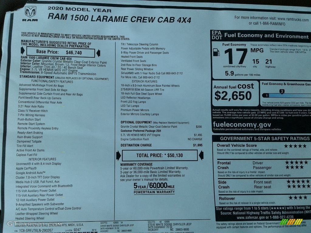 2020 Ram 1500 Laramie Crew Cab 4x4 Window Sticker Photo #137575192