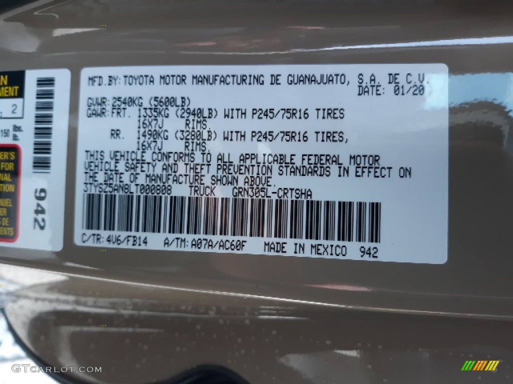 2020 Toyota Tacoma SX Access Cab 4x4 Color Code Photos
