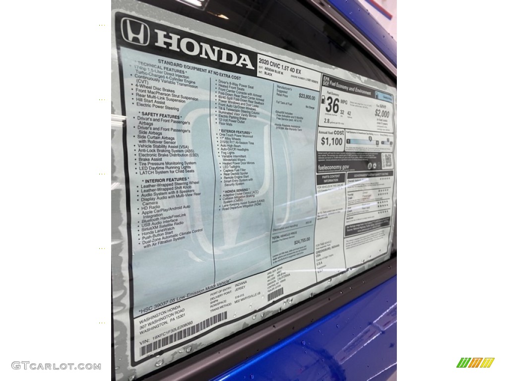 2020 Civic EX Sedan - Aegean Blue Metallic / Black photo #15