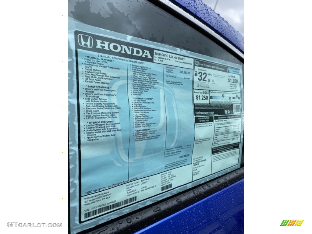 2020 Civic Sport Sedan - Aegean Blue Metallic / Black photo #15