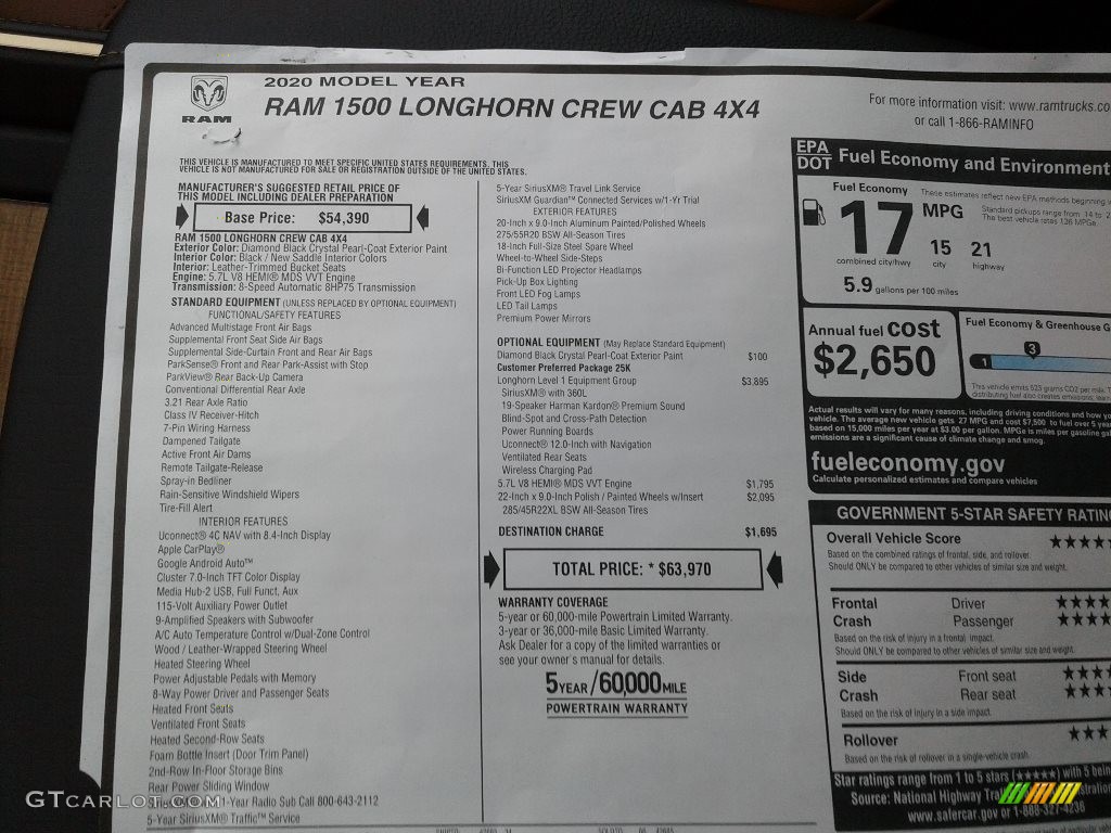 2020 1500 Longhorn Crew Cab 4x4 - Diamond Black Crystal Pearl / New Saddle/Black photo #45