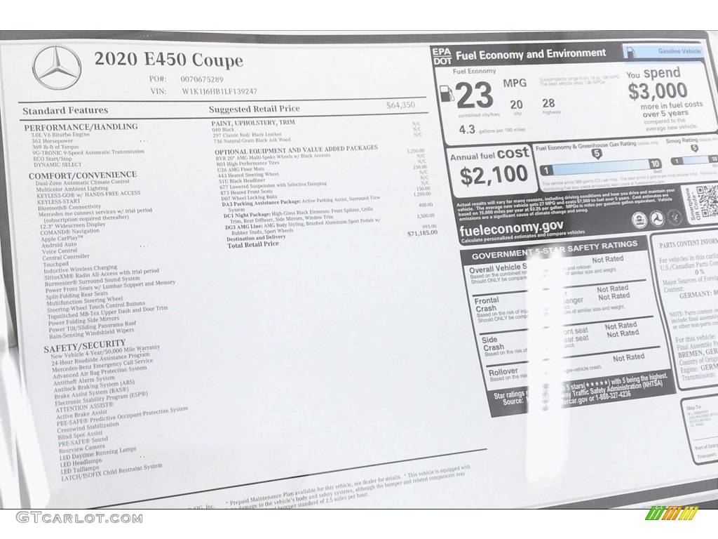 2020 Mercedes-Benz E 450 Coupe Window Sticker Photo #137696890