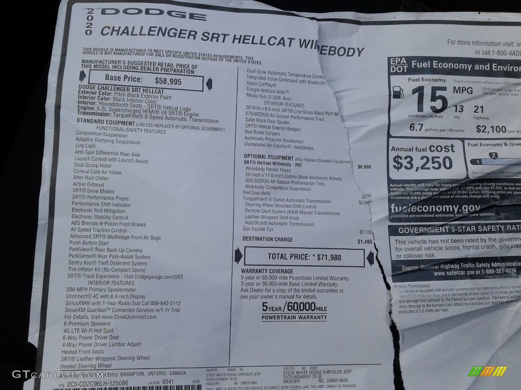 2020 Dodge Challenger SRT Hellcat Widebody Window Sticker Photos