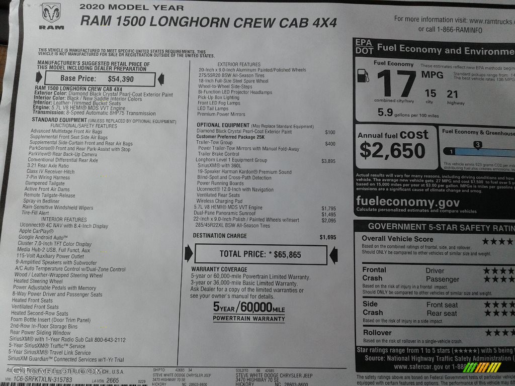 2020 1500 Longhorn Crew Cab 4x4 - Diamond Black Crystal Pearl / New Saddle/Black photo #43