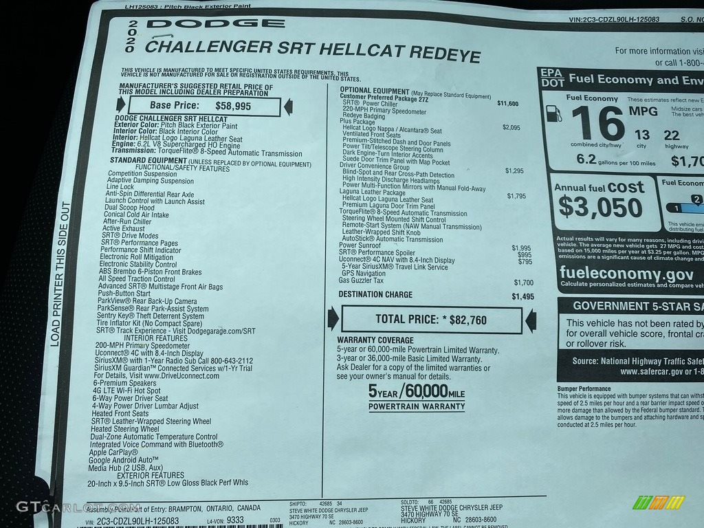 2020 Dodge Challenger SRT Hellcat Redeye Window Sticker Photo #137740284
