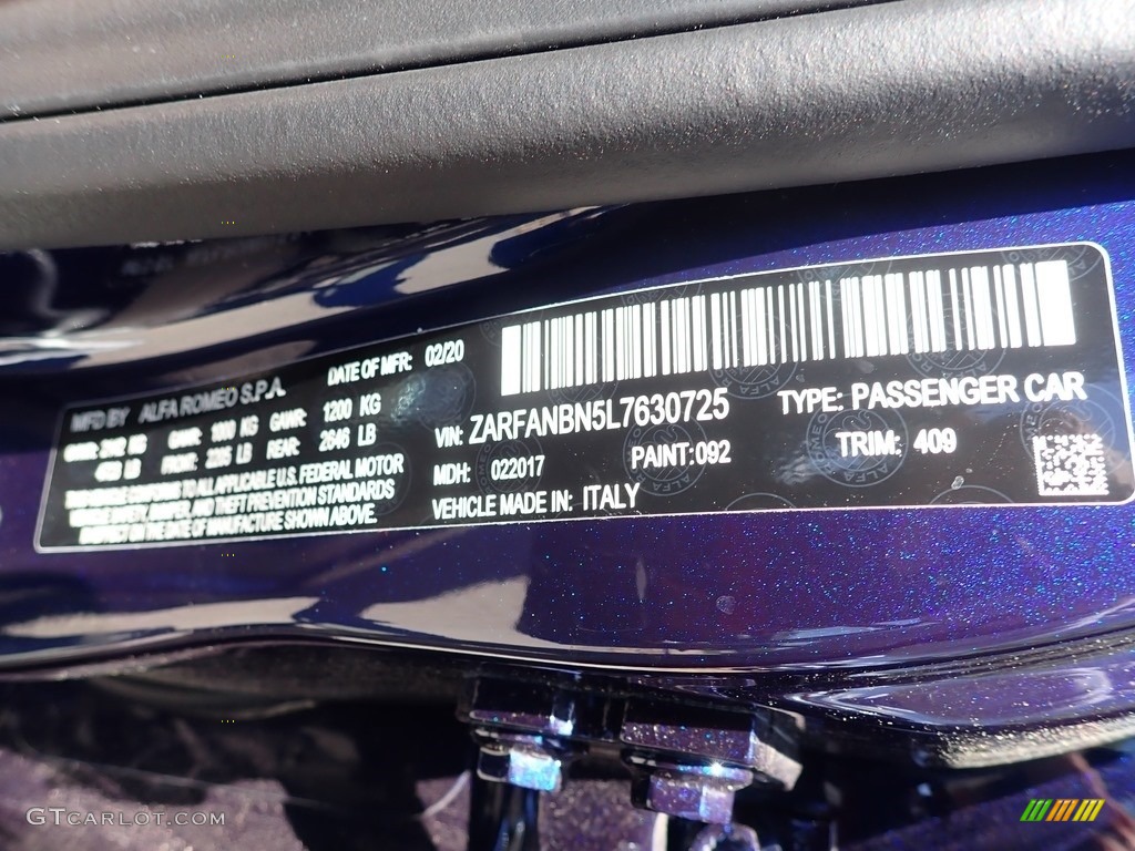 2020 Giulia Color Code 092 for Montecarlo Blue Metallic Photo #138210068