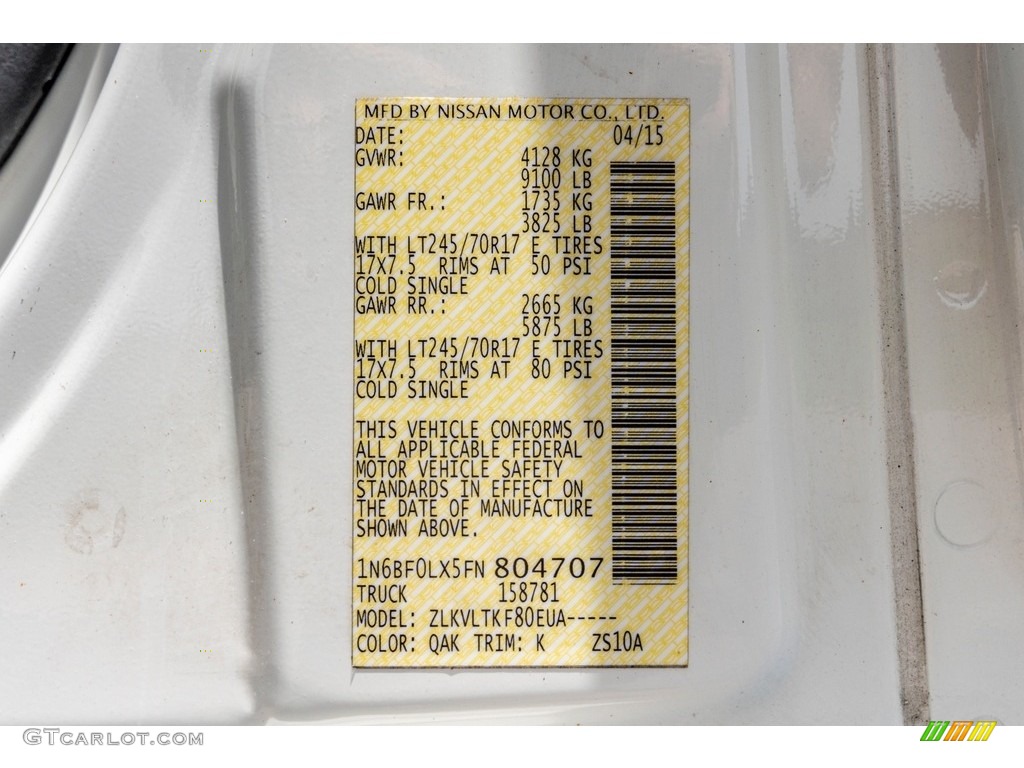 2015 Nissan NV 2500 HD S Cargo Color Code Photos