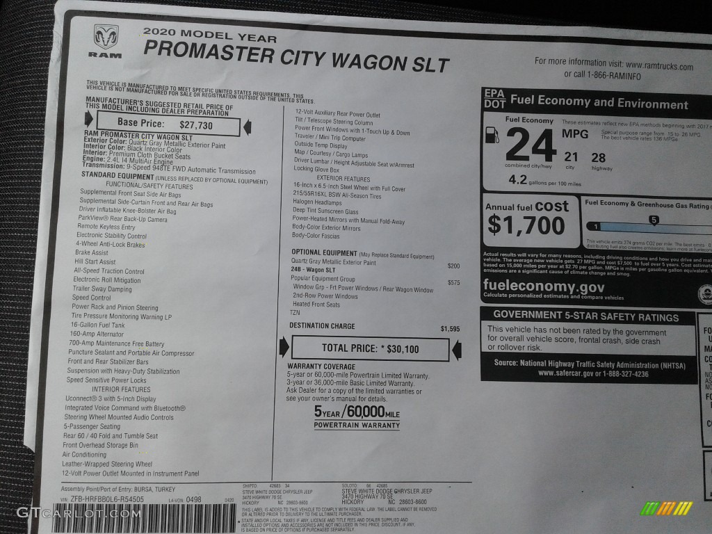 2020 Ram ProMaster City Wagon SLT Window Sticker Photo #138280775