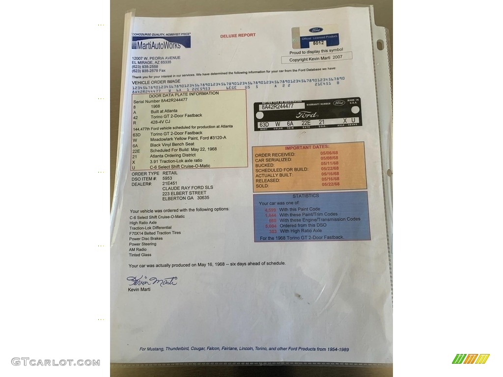 1968 Ford Torino GT Fastback Info Tag Photo #138281375