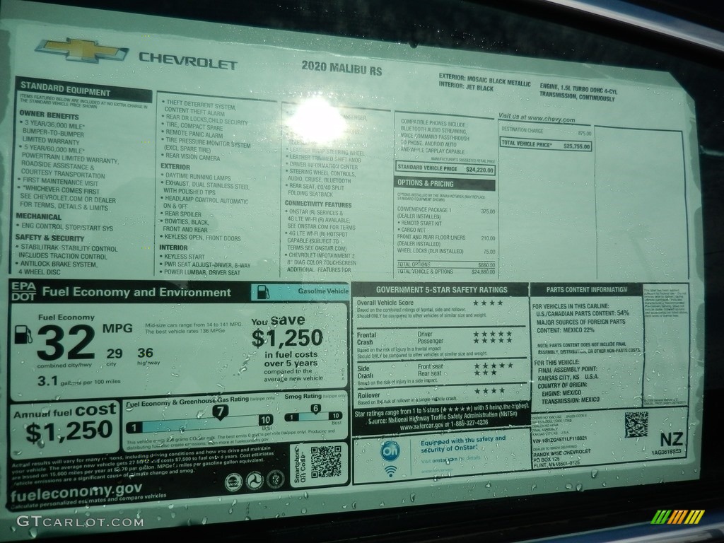 2020 Chevrolet Malibu RS Window Sticker Photos