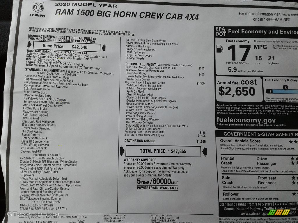 2020 1500 Big Horn Crew Cab 4x4 - Billet Silver Metallic / Black/Diesel Gray photo #29