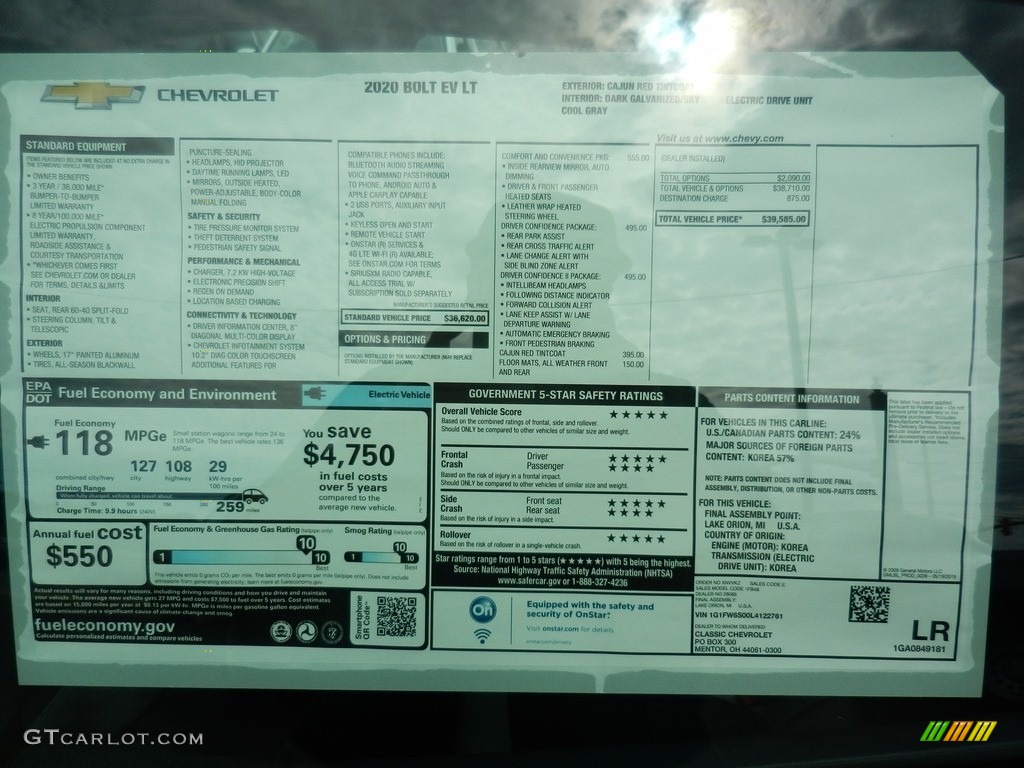 2020 Chevrolet Bolt EV LT Window Sticker Photo #138337473