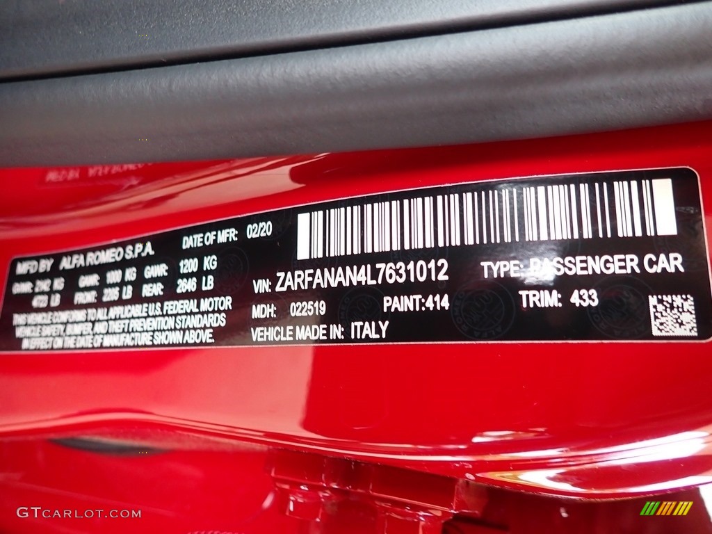 2020 Giulia Color Code 414 for Alfa Rosso (Red) Photo #138338328