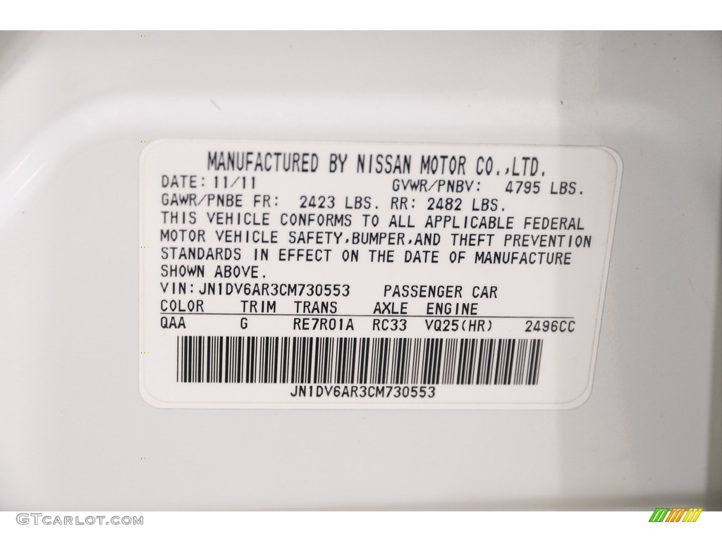 2012 G Color Code QAA for Moonlight White Photo #138373403