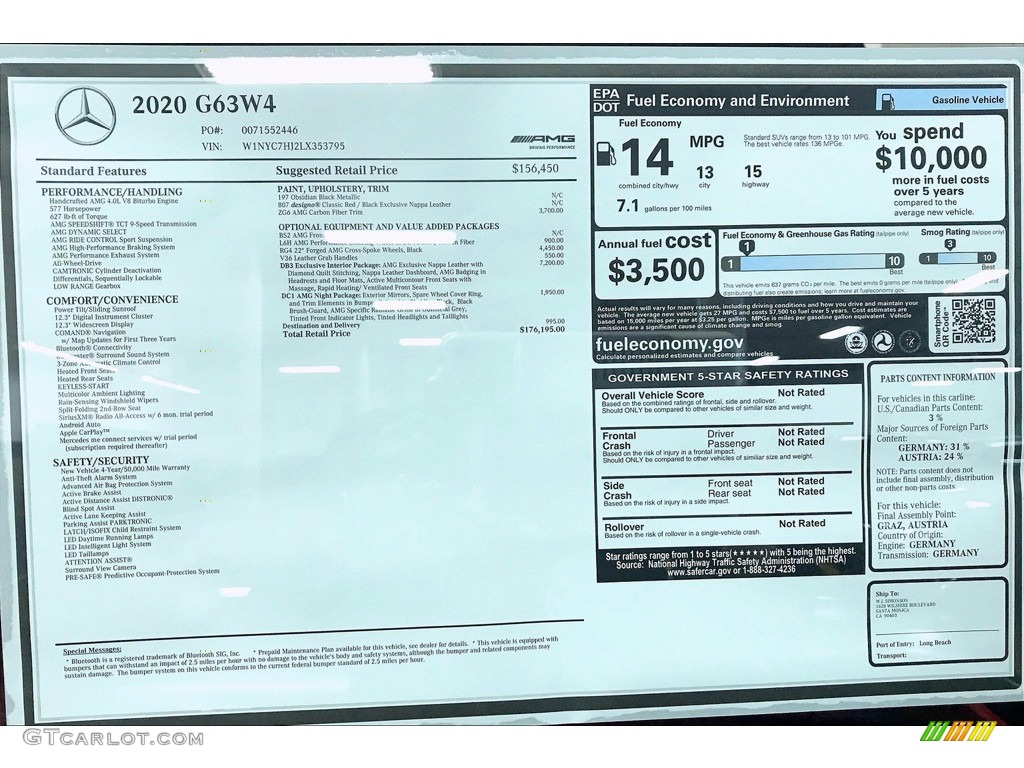 2020 Mercedes-Benz G 63 AMG Window Sticker Photo #138380164
