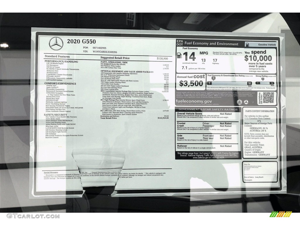 2020 Mercedes-Benz G 550 Window Sticker Photo #138380470