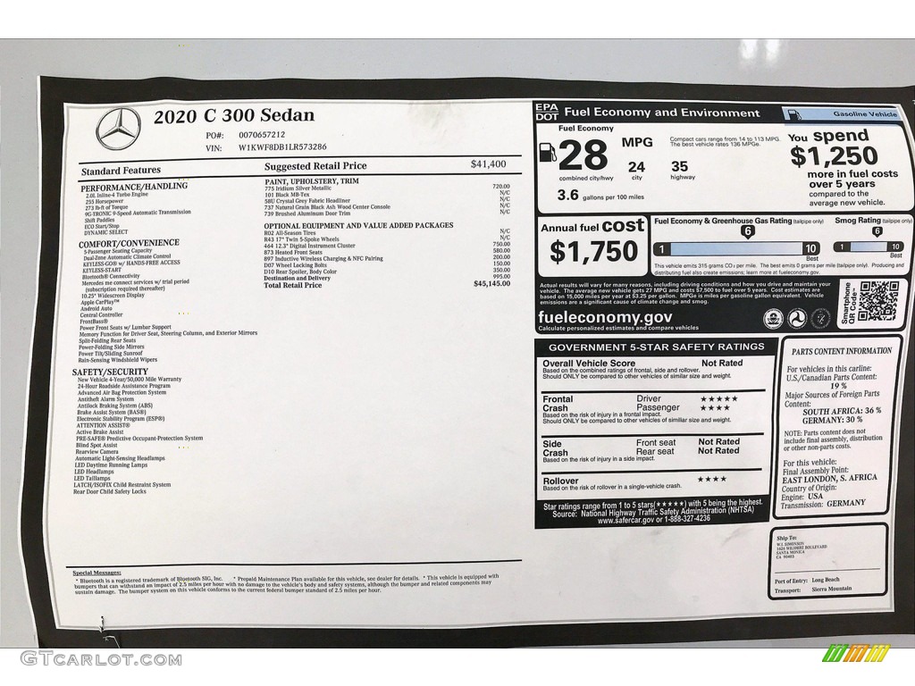 2020 Mercedes-Benz C 300 Sedan Window Sticker Photo #138383566