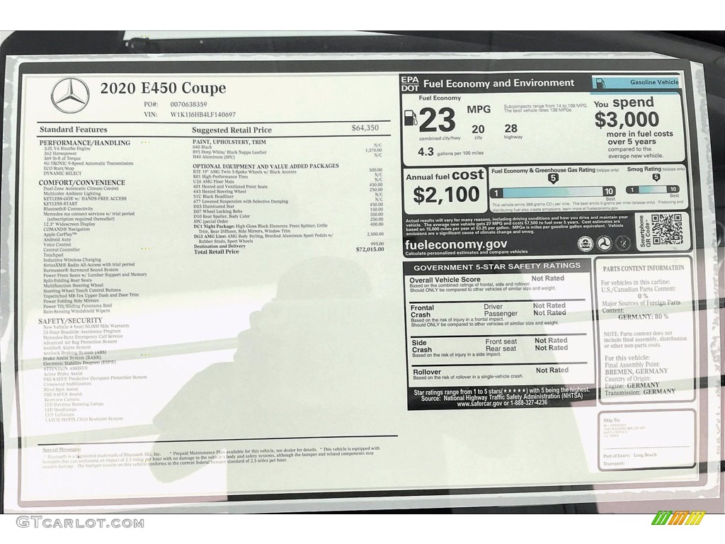 2020 Mercedes-Benz E 450 Coupe Window Sticker Photo #138385363