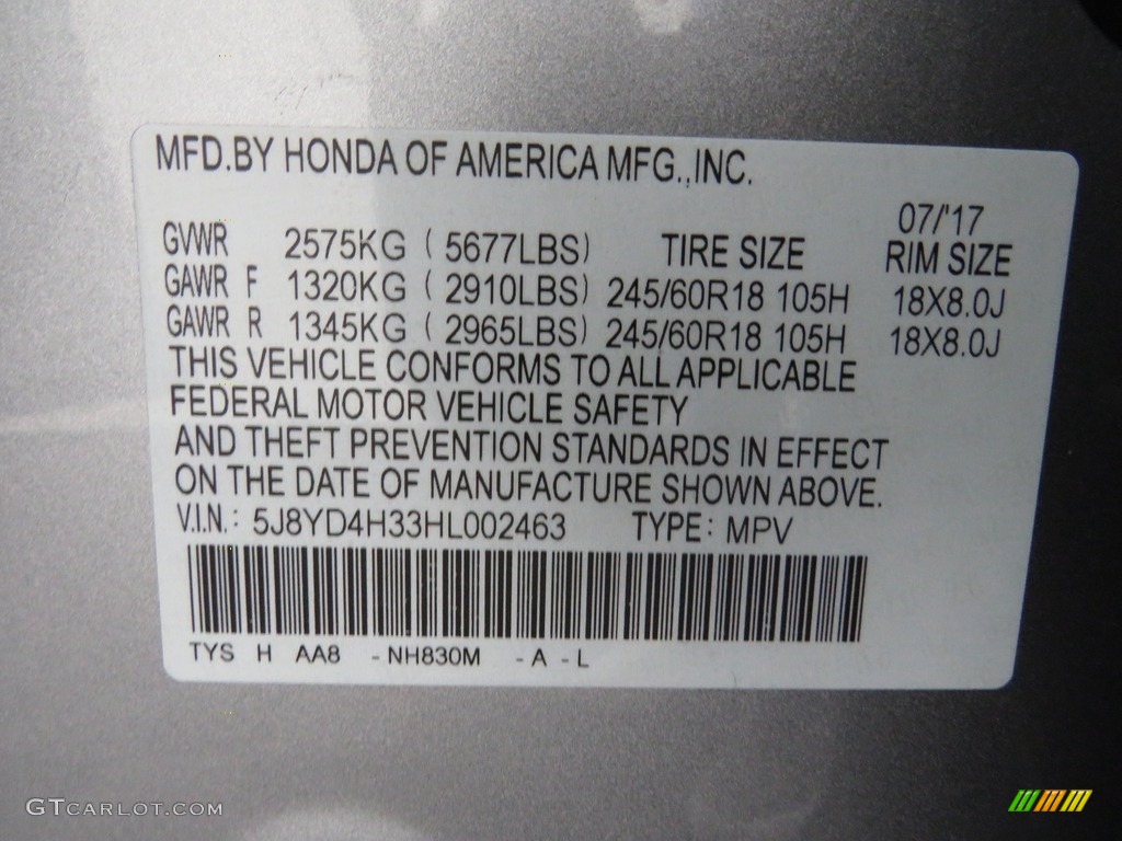 2017 MDX Color Code NH830M for Lunar Silver Metallic Photo #138419638