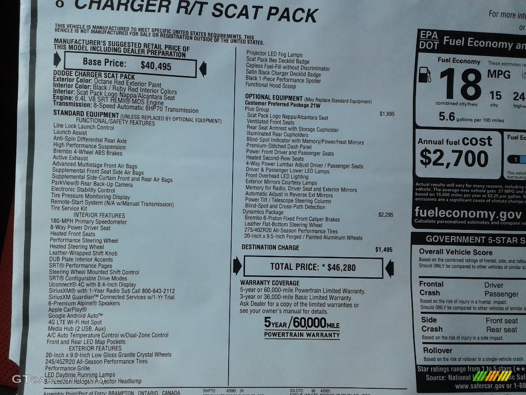 2020 Dodge Charger Scat Pack Window Sticker Photo #138419941