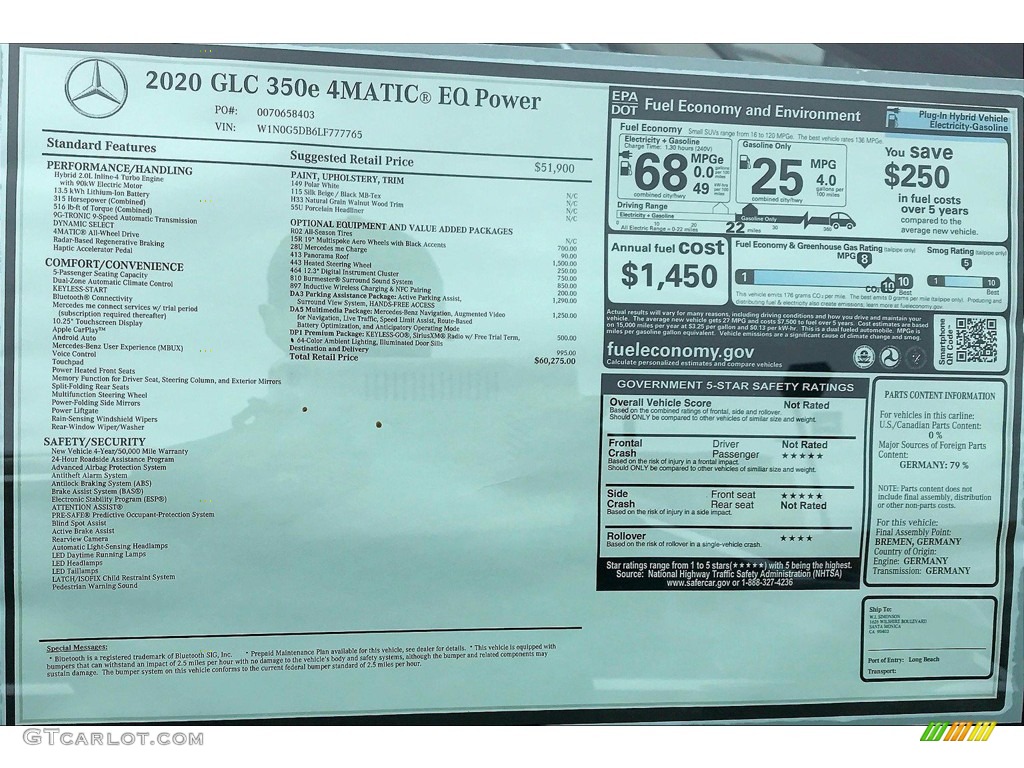 2020 Mercedes-Benz GLC 350e 4Matic Window Sticker Photo #138438363
