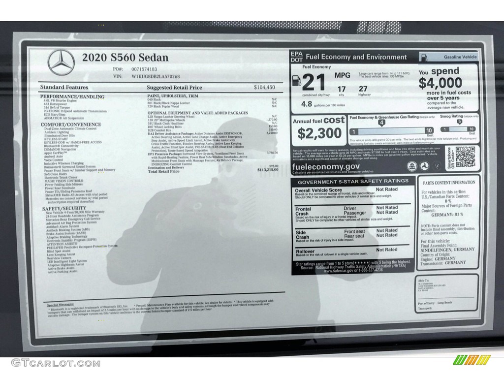 2020 Mercedes-Benz S 560 Sedan Window Sticker Photo #138446447