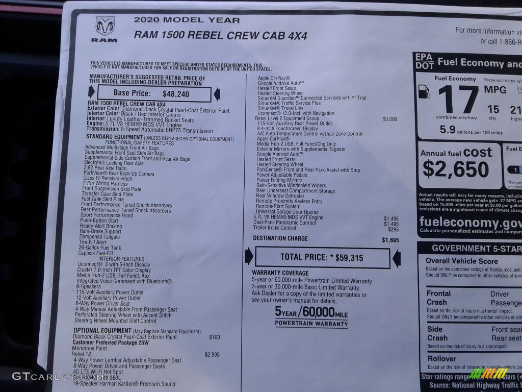 2020 1500 Rebel Crew Cab 4x4 - Diamond Black Crystal Pearl / Red/Black photo #35