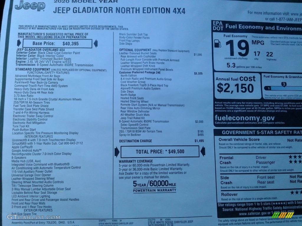 2020 Jeep Gladiator North Edition 4x4 Window Sticker Photos