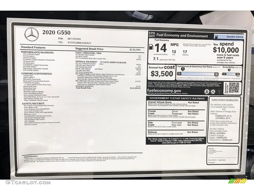 2020 Mercedes-Benz G 550 Window Sticker Photo #138456192