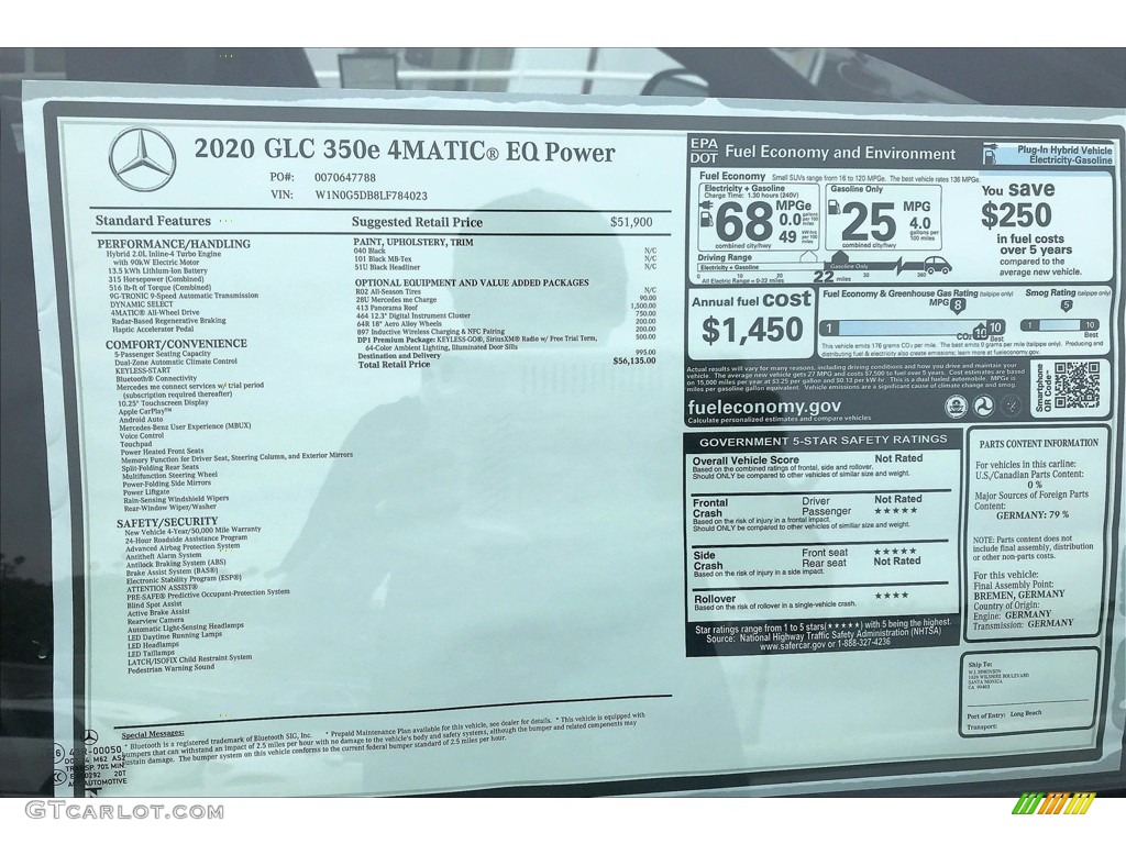 2020 Mercedes-Benz GLC 350e 4Matic Window Sticker Photo #138458804
