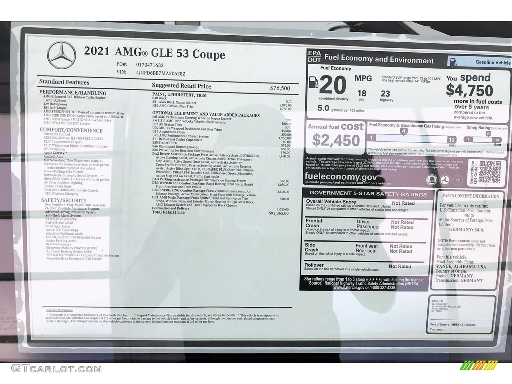 2021 Mercedes-Benz GLE 53 AMG 4Matic Coupe Window Sticker Photo #138483247