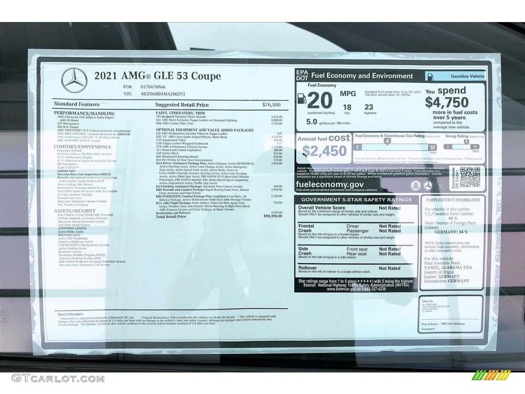2021 Mercedes-Benz GLE 53 AMG 4Matic Coupe Window Sticker Photo #138483580