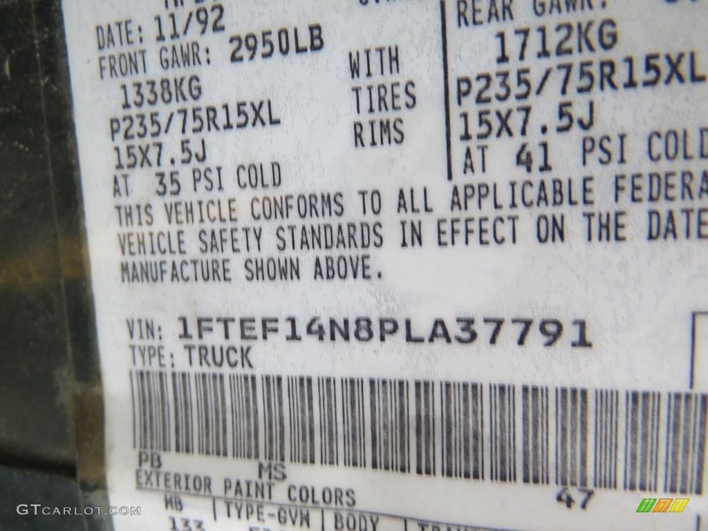 1993 Ford F150 XLT Regular Cab 4x4 Color Code Photos