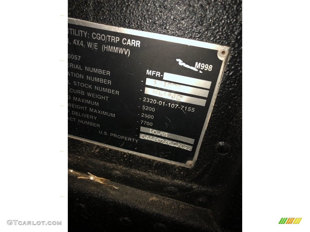 1991 Hummer H1 Soft Top Info Tag Photos