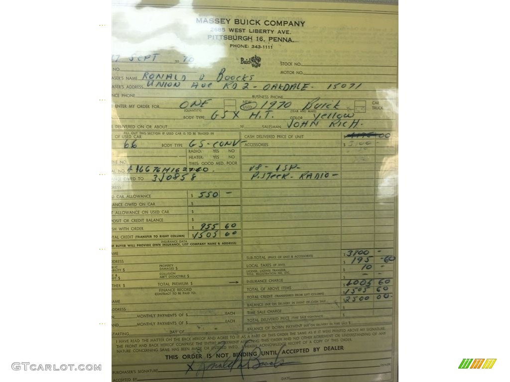 1970 Buick GSX Coupe Info Tag Photos