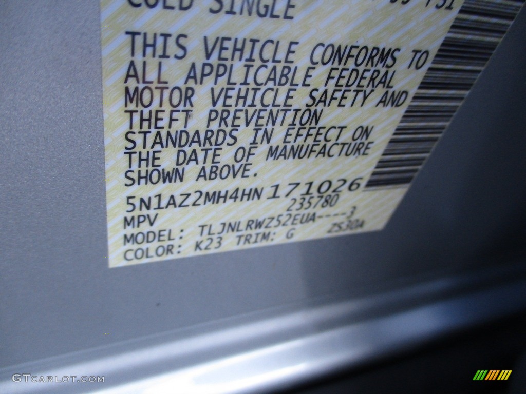 2017 Murano SL AWD - Brilliant Silver / Graphite photo #19