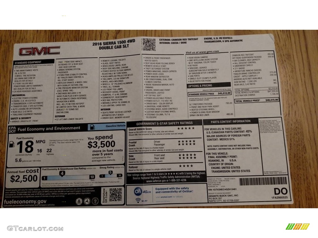 2016 GMC Sierra 1500 SLT Double Cab 4WD Window Sticker Photos