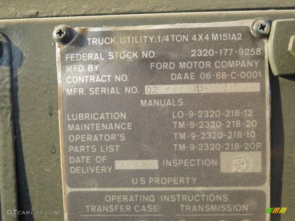 1971 Ford M151A2 4x4 Utility Truck Info Tag Photos