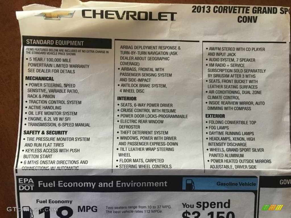 2013 Chevrolet Corvette Grand Sport Convertible Window Sticker Photo #138604497