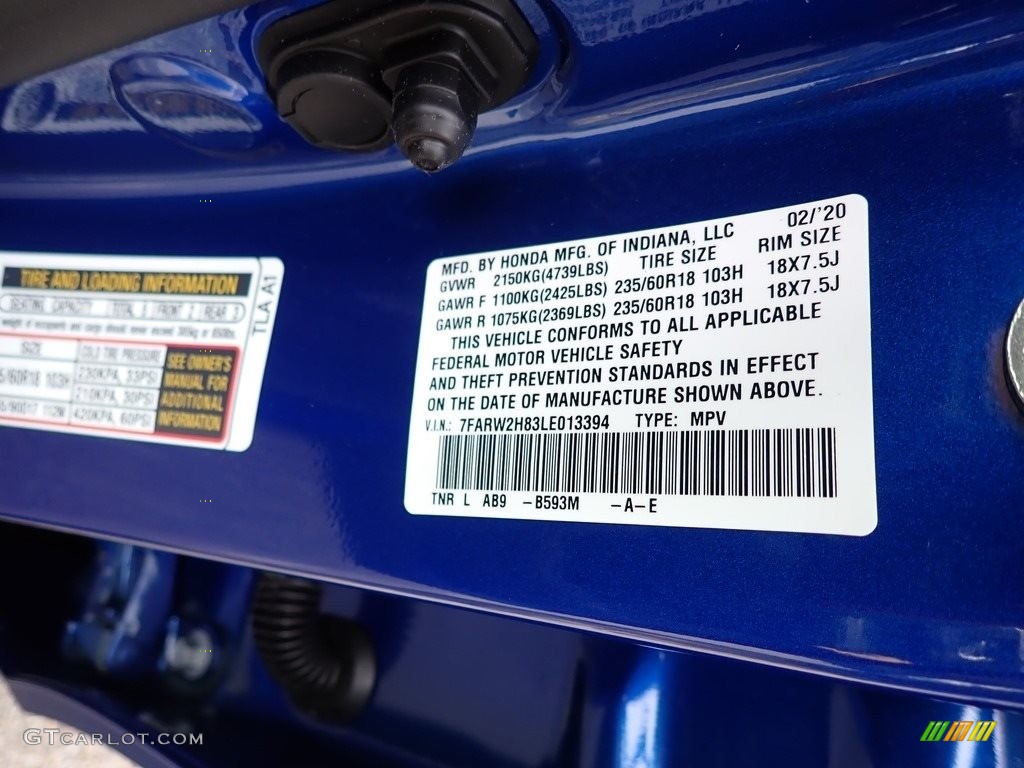 2020 CR-V Color Code B593M for Aegean Blue Metallic Photo #138607425