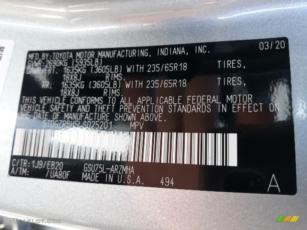2020 Highlander Color Code 1J9 for Celestial Silver Metallic Photo #138607731