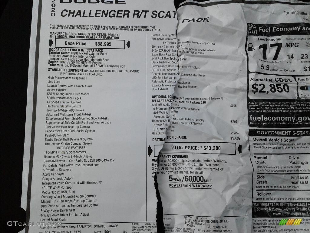 2020 Dodge Challenger R/T Scat Pack Window Sticker Photo #138611589