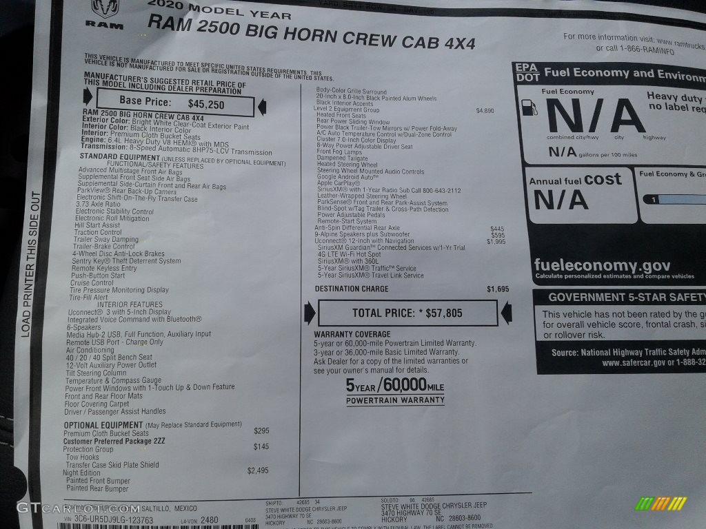 2020 2500 Big Horn Crew Cab 4x4 - Bright White / Black photo #33