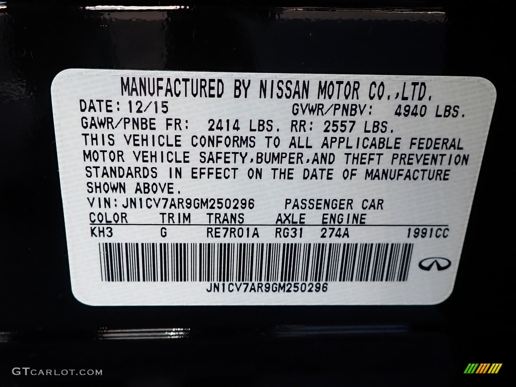 2016 Infiniti Q50 2.0t AWD Color Code Photos