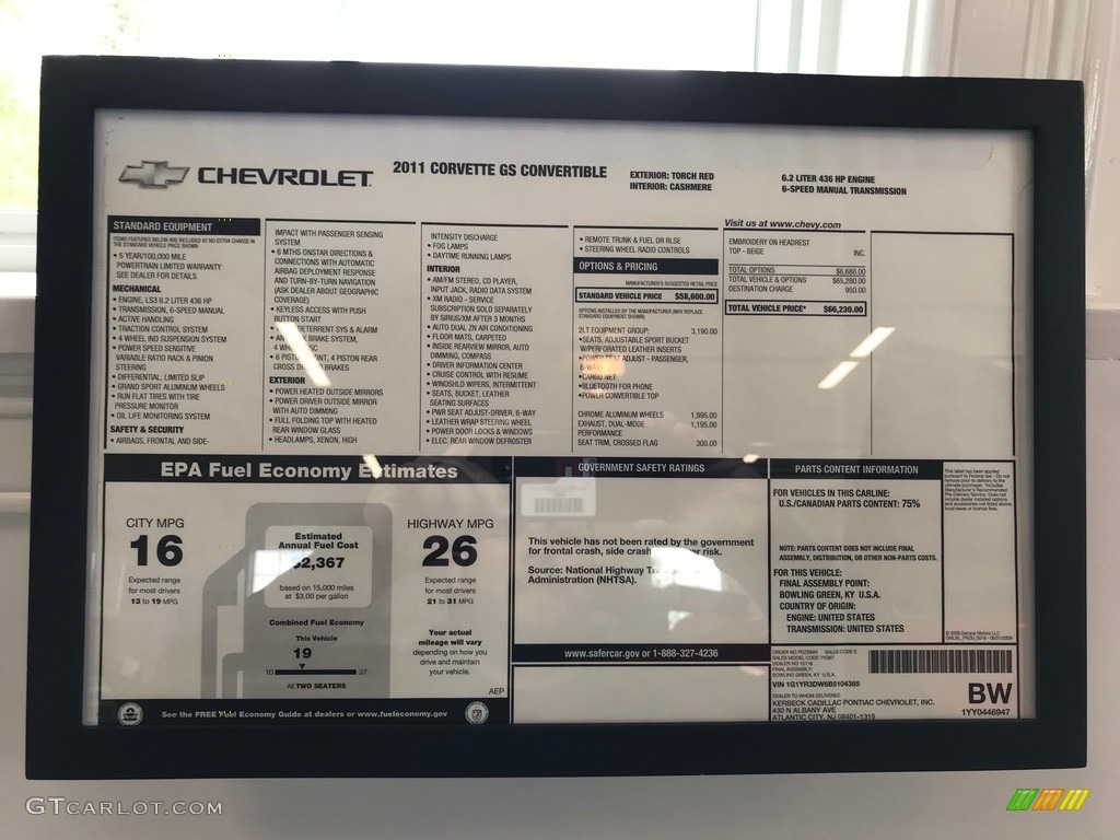 2011 Chevrolet Corvette Grand Sport Convertible Window Sticker Photo #138630651