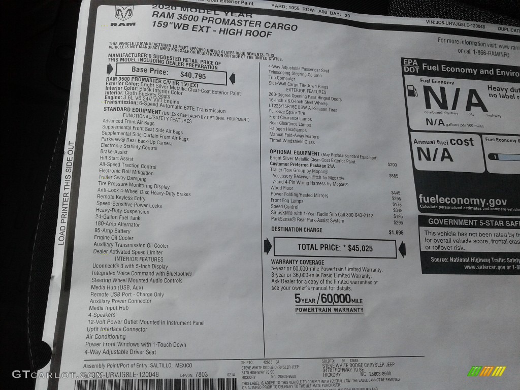 2020 Ram ProMaster 3500 High Roof Cargo Van Window Sticker Photo #138636829