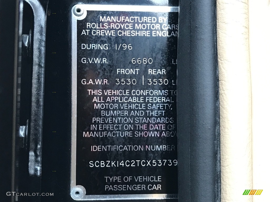 1996 Bentley Azure Standard Azure Model Info Tag Photo #138637956